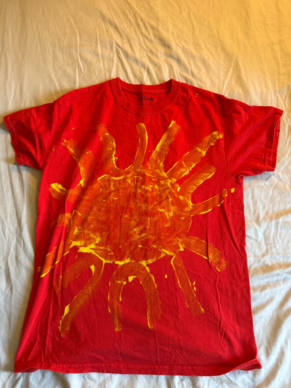 Gildan Red Short-Sleeve T-Shirt with Yellow Sunburst Graphic